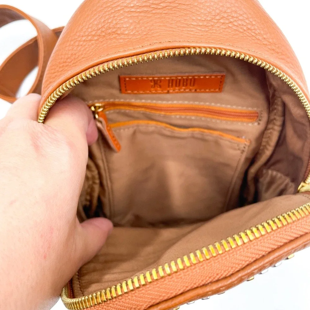 Fern Hobo Sling Bag Pebbled Leather Gold Studded Warm Honey Brown Small‎